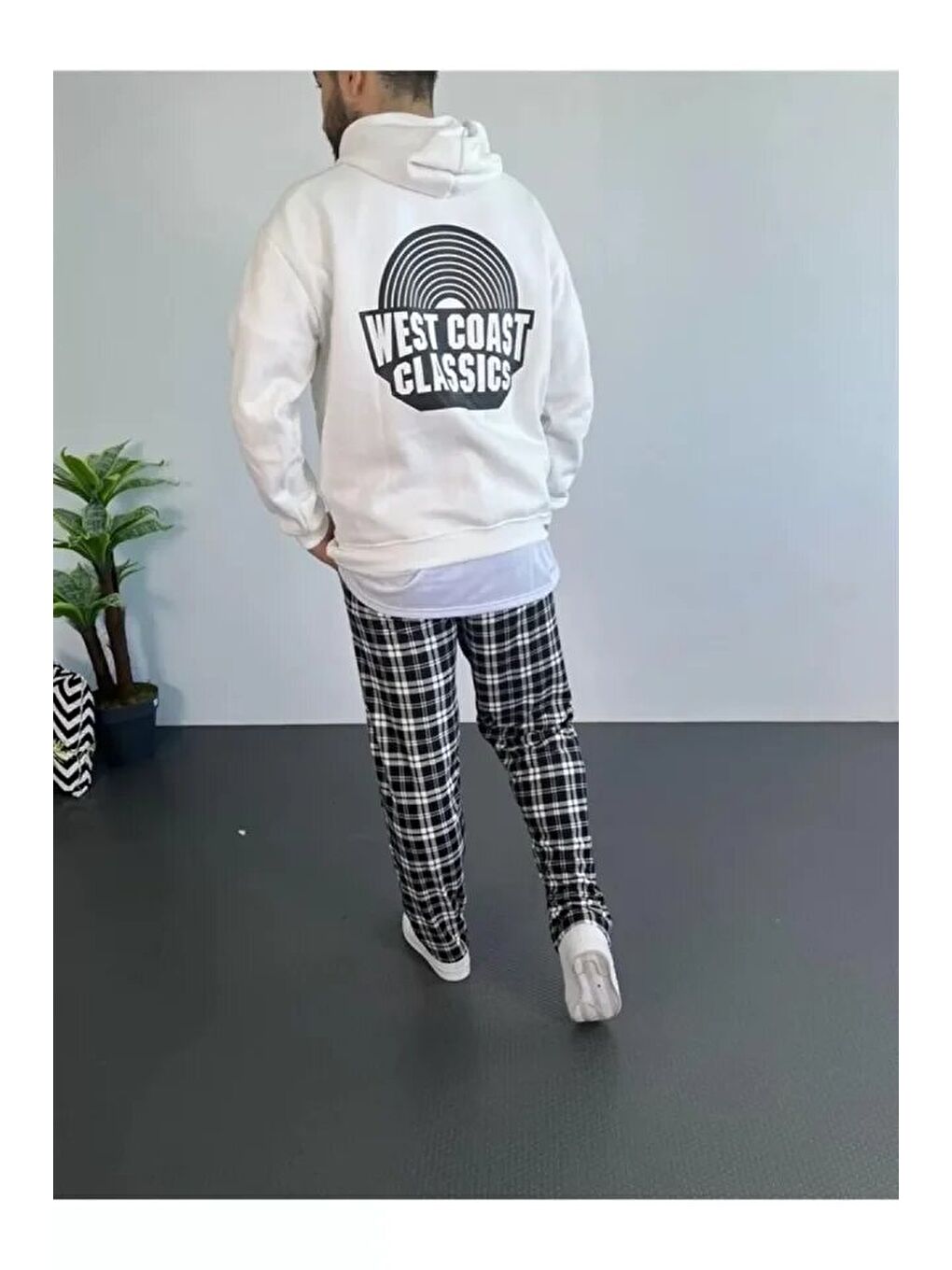 Erkek Baskılı Üç İplik Kapüşonlu Oversize Sweatshirt - Beyaz-1
