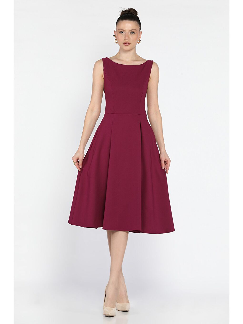 Mürdüm Kadın Fermuarlı Cepli Kolsuz Elbise-1