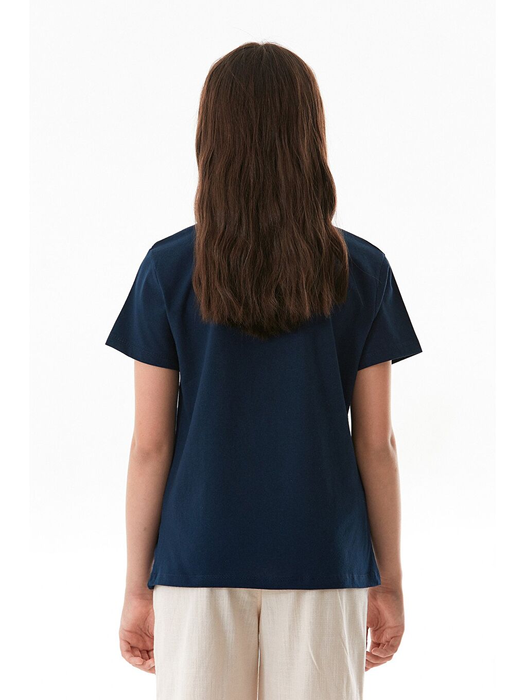 Lacivert %100 Pamuk Gülen Yüz Ve Slogan Baskılı Kız Çocuk Tişört-2