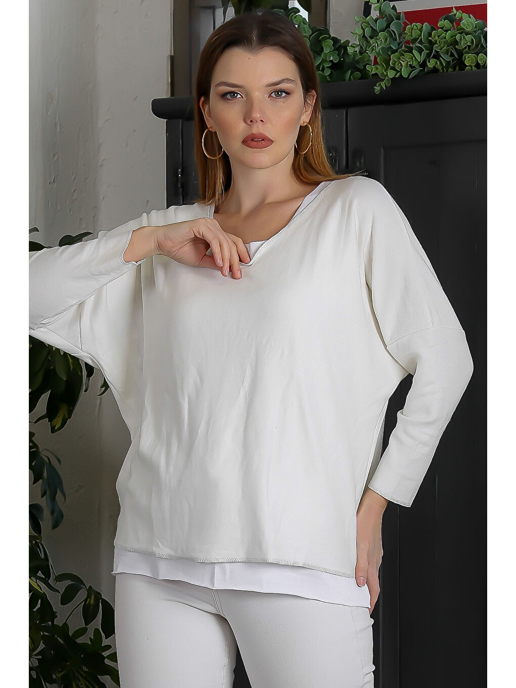 Ekru V Yaka Yarasa Kol İkili Set Casual Örme Bluz-2