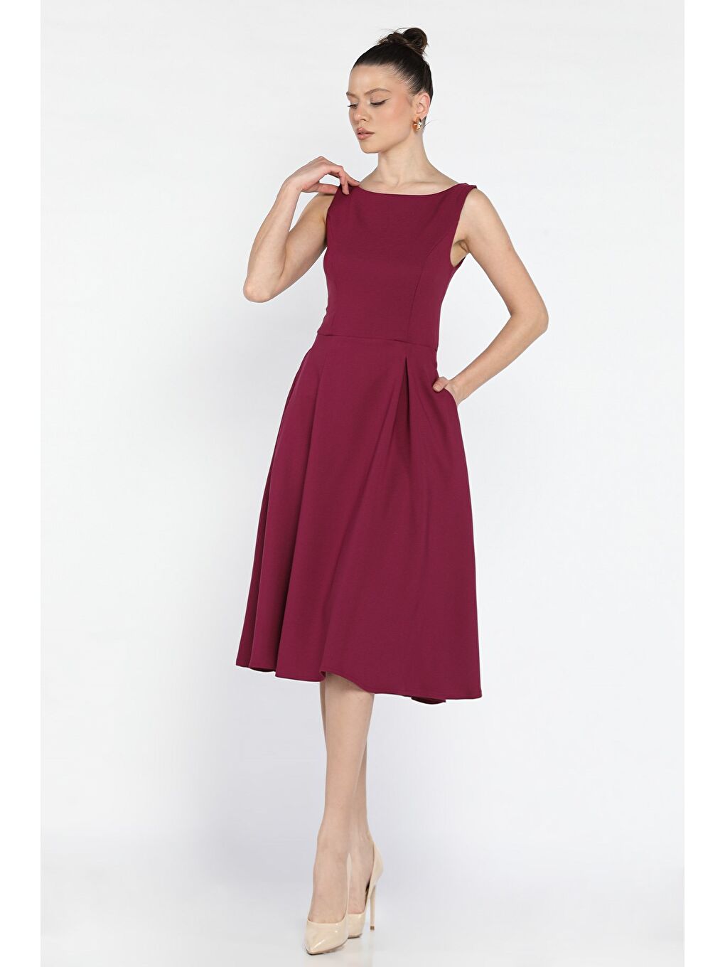 Mürdüm Kadın Fermuarlı Cepli Kolsuz Elbise-2