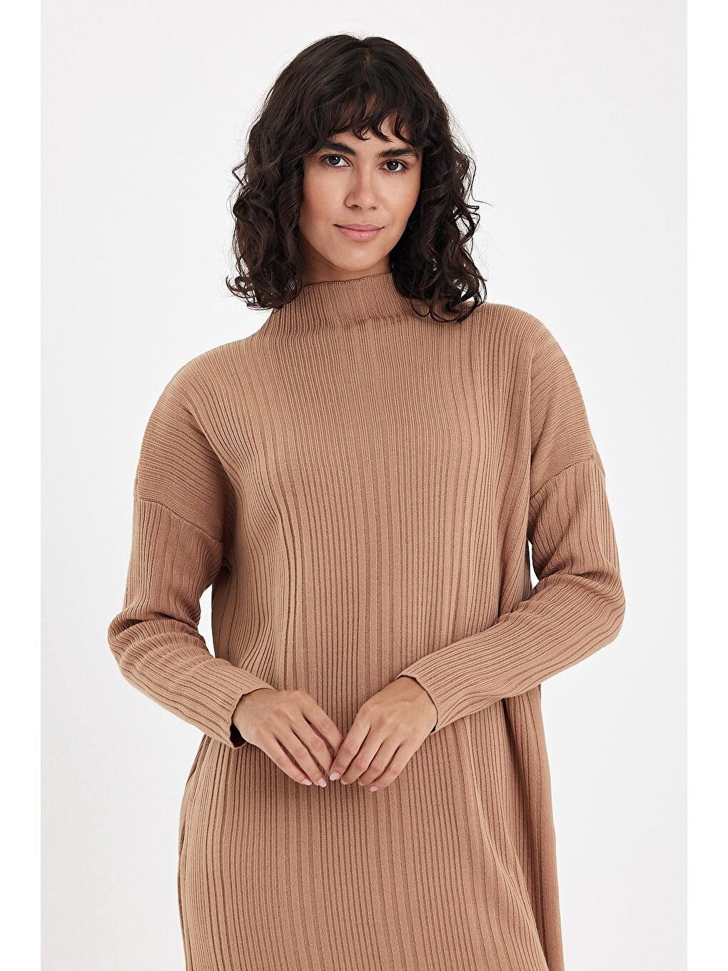 Kahverengi Camel Hakim Yaka Uzun Kol Casual Uzun Oversize Triko Elbise 145 70-1