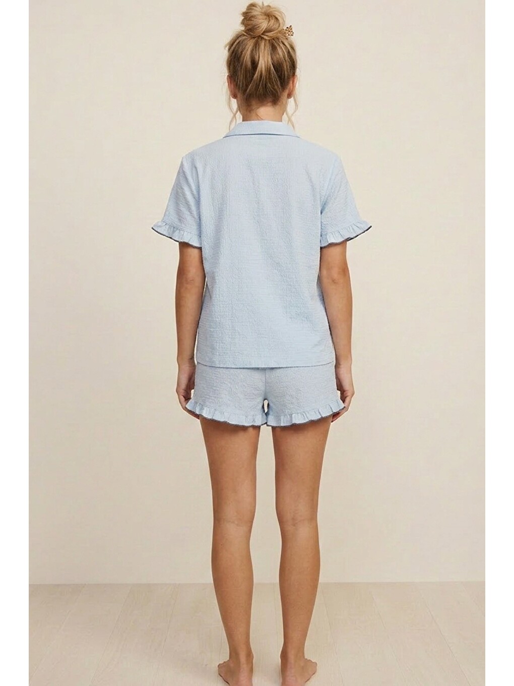 Mavi Nakışlı Bürümcük-krınkıl Kısa Kollu Düğmeli Şortlu Pijama Takım 8058-2