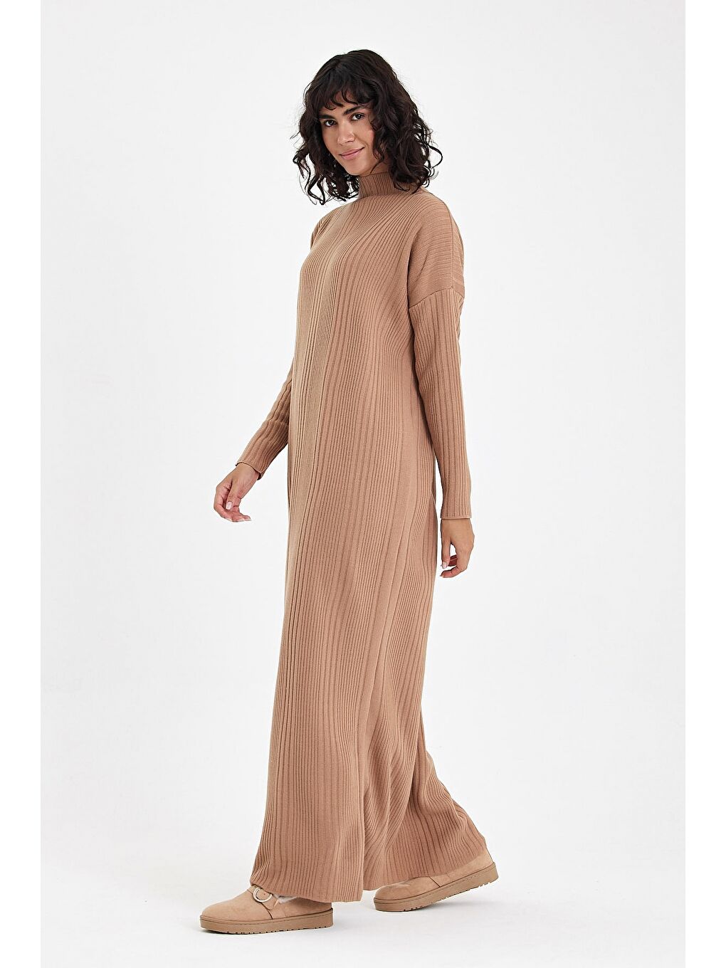 Kahverengi Camel Hakim Yaka Uzun Kol Casual Uzun Oversize Triko Elbise 145 70-2