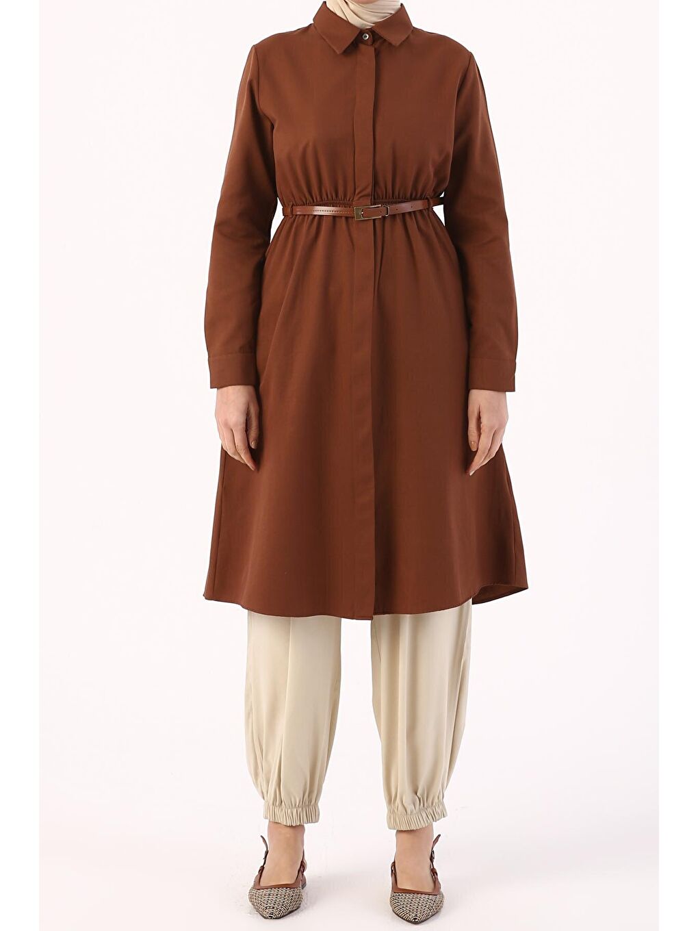 Kahverengi Kahve Kemerli Gömlek Tunik-1