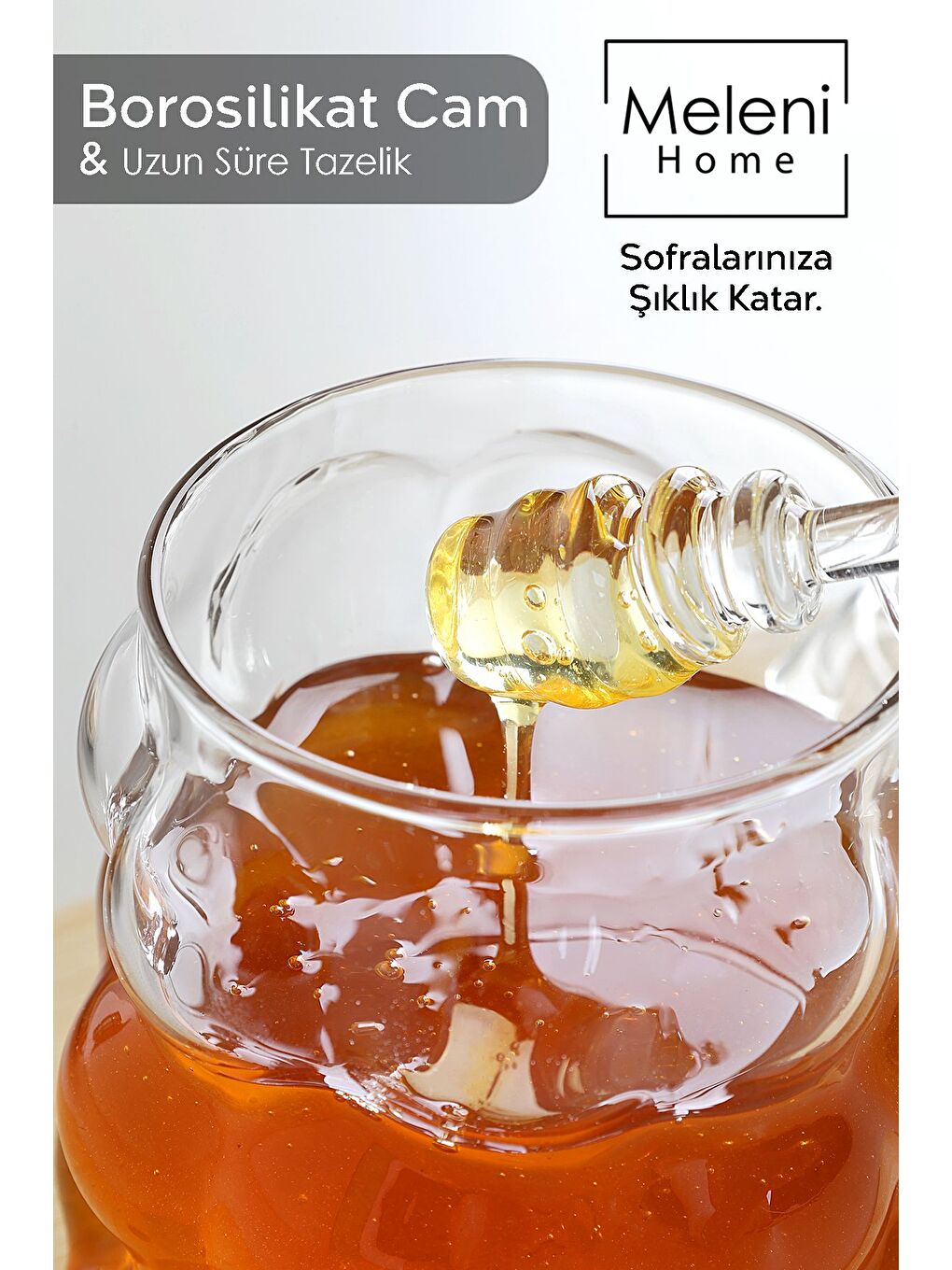 Renksiz Kaşıklı Borosilikat Cam Bal Kavanozu Kapaklı Boncuk Şekilli Reçellik Bal Reçel Kavanozu 400 ml-2