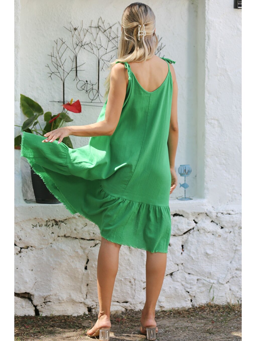 Yeşil Askılı Yıkamalı Etek Ucu Fırfırlı Dokuma Casual Pamuklu Elbise-7