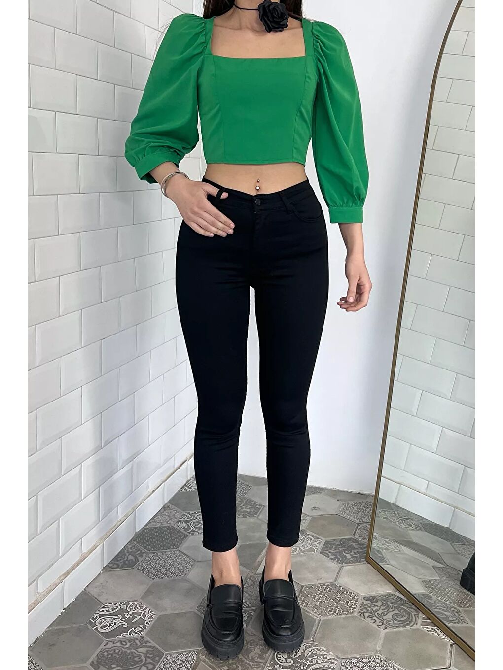 Siyah Yüksek Bel Full Elastanlı Kadın Pantolon-1