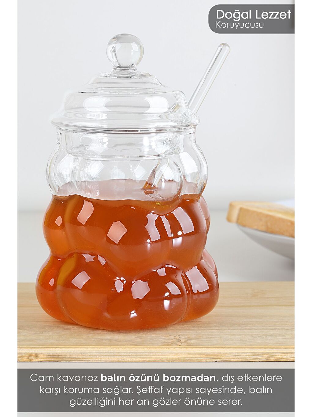 Renksiz Kaşıklı Borosilikat Cam Bal Kavanozu Kapaklı Boncuk Şekilli Reçellik Bal Reçel Kavanozu 400 ml-3