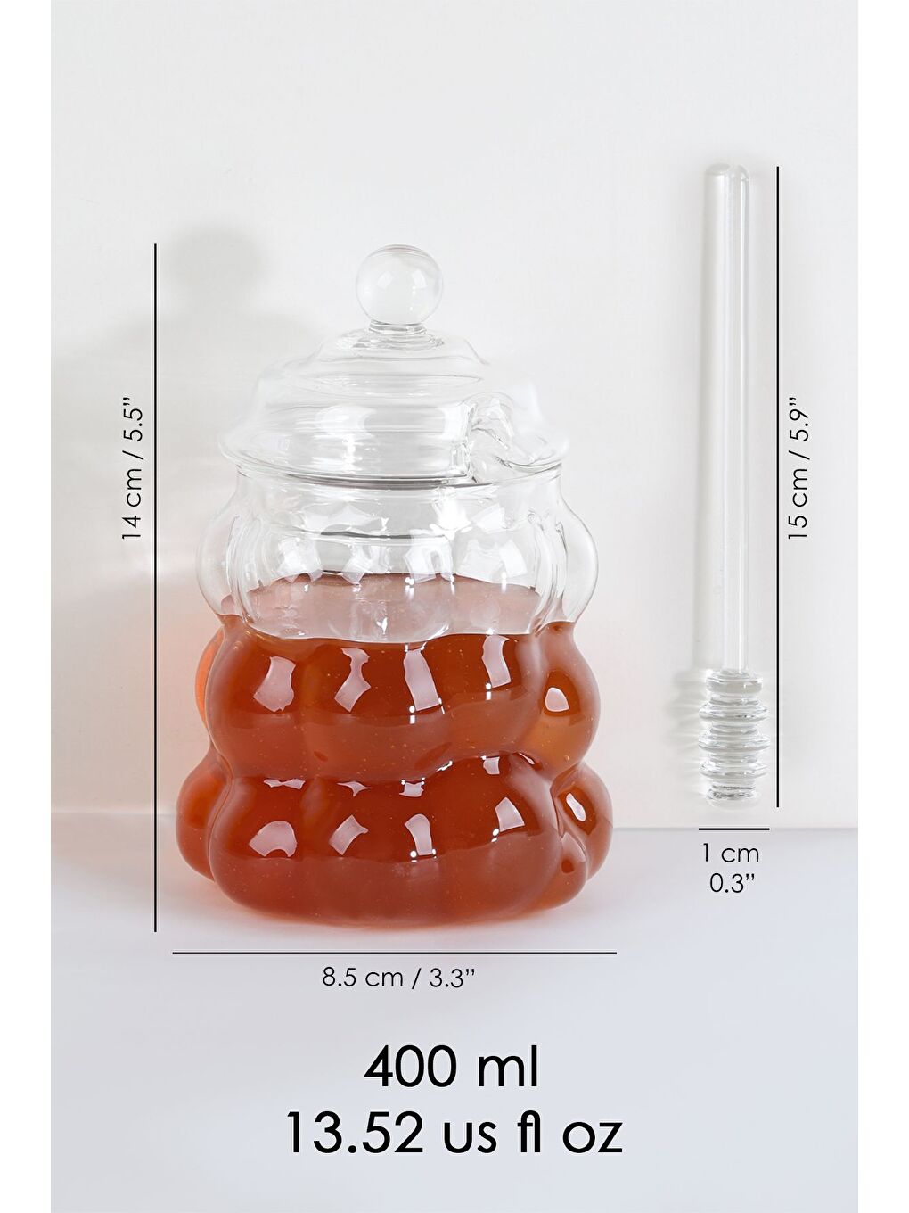 Renksiz Kaşıklı Borosilikat Cam Bal Kavanozu Kapaklı Boncuk Şekilli Reçellik Bal Reçel Kavanozu 400 ml-4