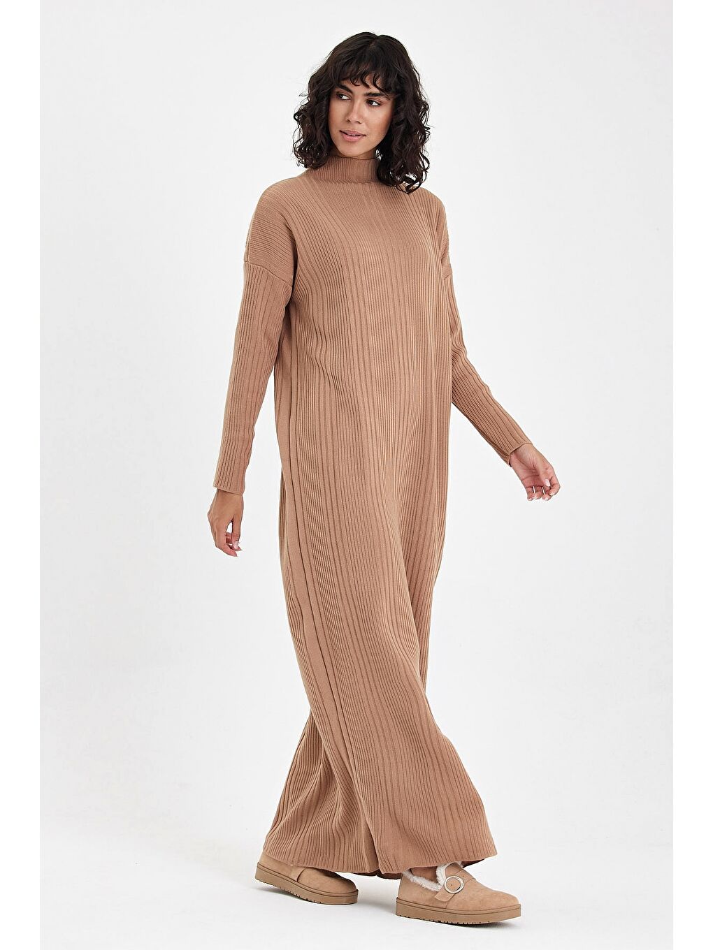 Kahverengi Camel Hakim Yaka Uzun Kol Casual Uzun Oversize Triko Elbise 145 70-3