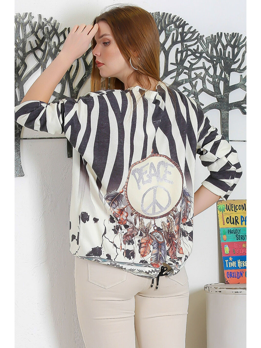 Karışık İtalyan Çok Renkli Yuvarlak Yaka Uzun Kol Bağlamalı Dijital Baskılı Casual Triko Bluz-7