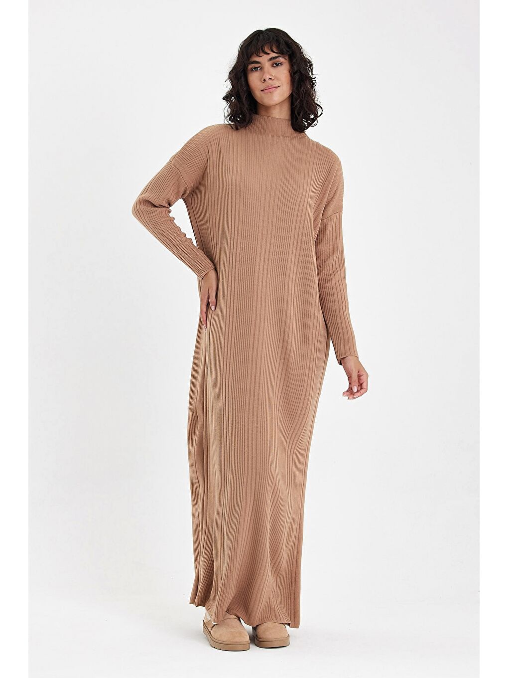 Kahverengi Camel Hakim Yaka Uzun Kol Casual Uzun Oversize Triko Elbise 145 70-4