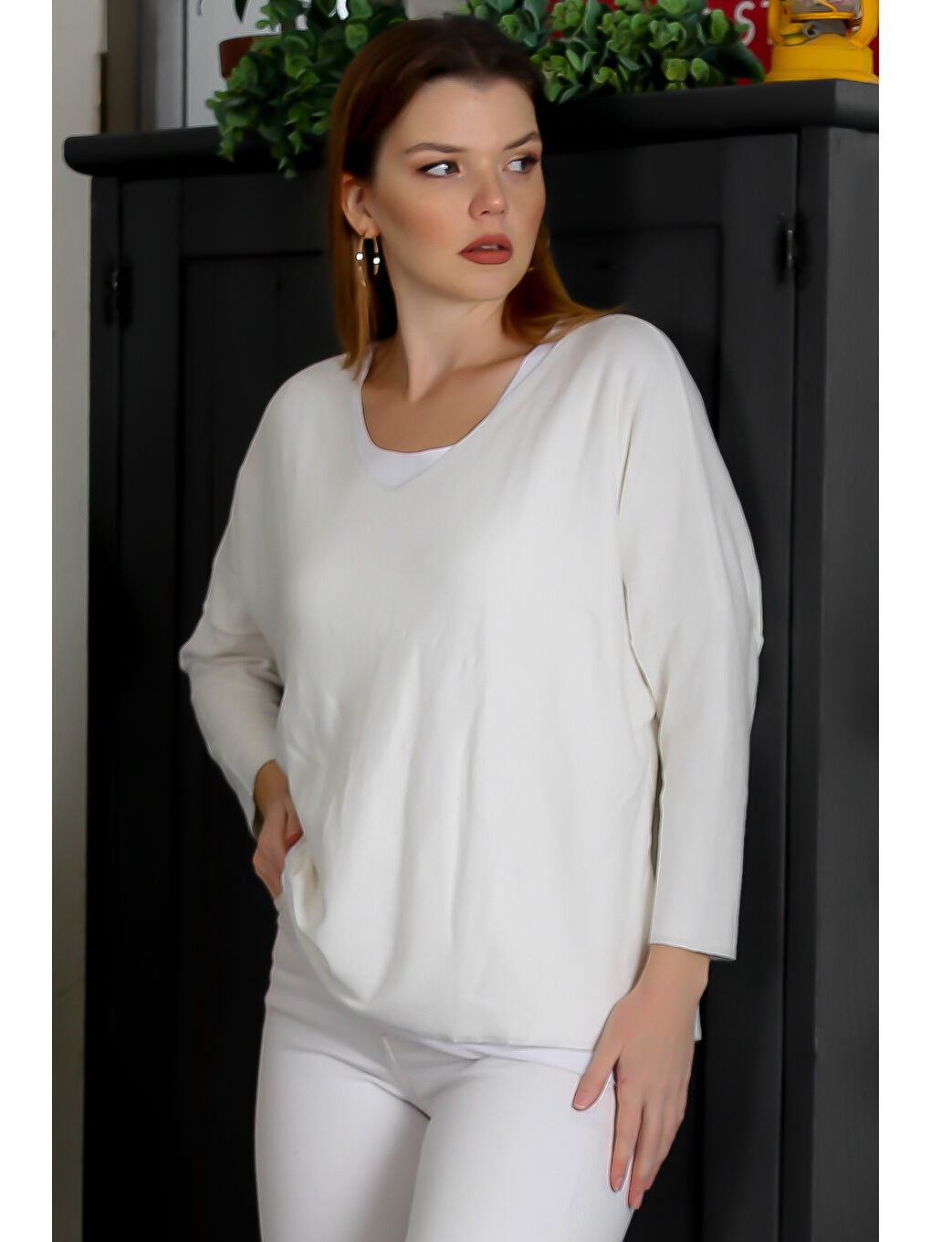 Ekru V Yaka Yarasa Kol İkili Set Casual Örme Bluz-4