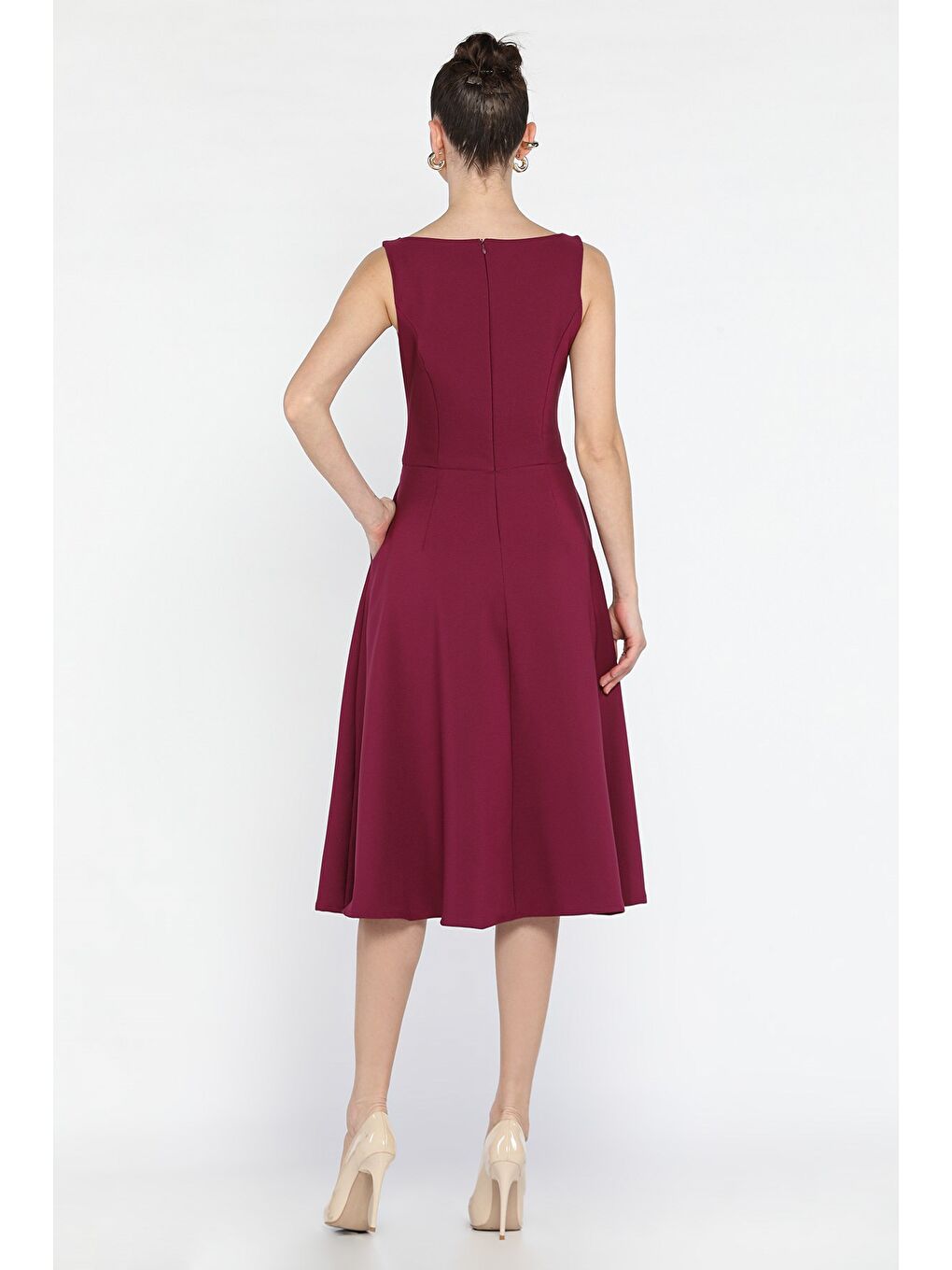 Mürdüm Kadın Fermuarlı Cepli Kolsuz Elbise-4