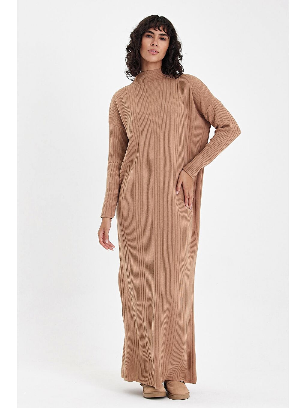 Kahverengi Camel Hakim Yaka Uzun Kol Casual Uzun Oversize Triko Elbise 145 70-5
