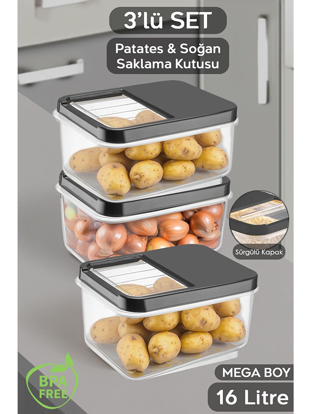 3lü 16 Litre Sürgülü Kapak Sebzelik Patates Soğan Saklama Kabı Erzak Saklama Kabı Antrasit