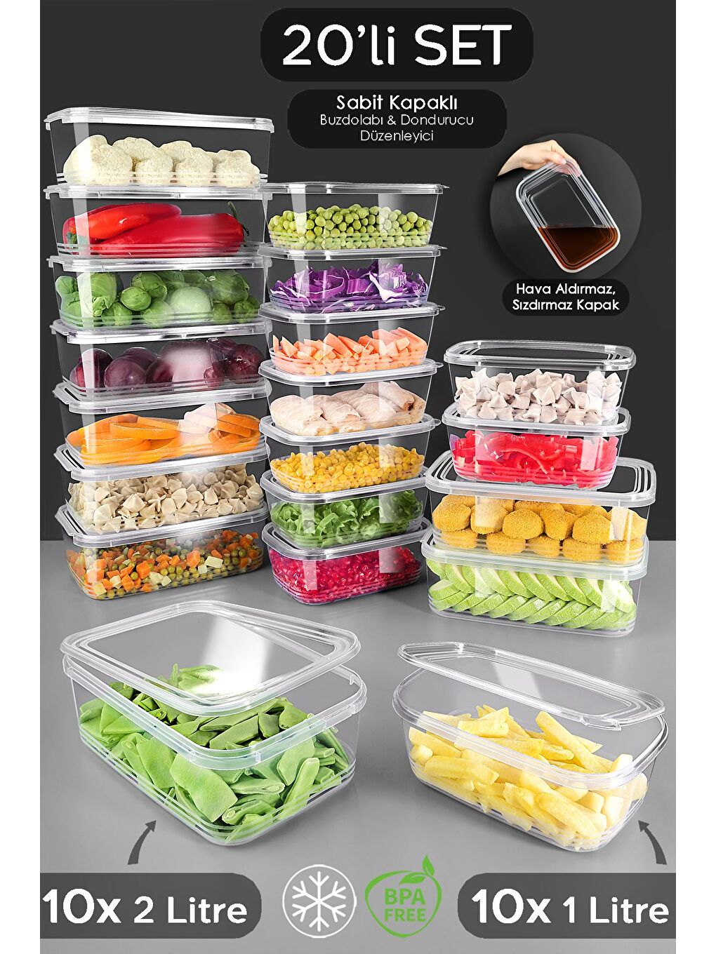 Renksiz 20 li Sızdırmaz Kendinden Kapaklı Saklama Kabı Seti Derin Dondurucuya Uygun Hava Almaz Erzak Kabı