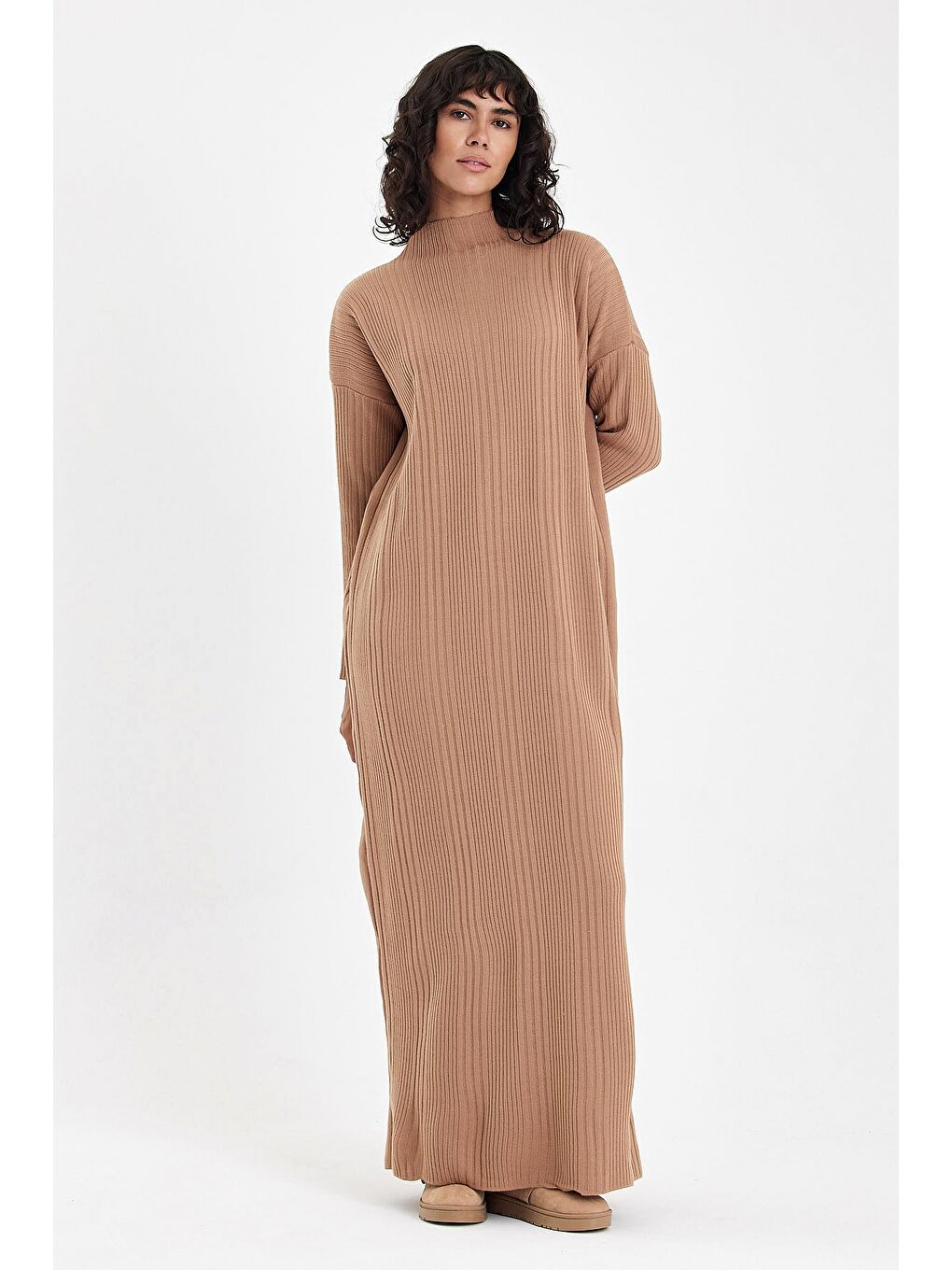 Kahverengi Camel Hakim Yaka Uzun Kol Casual Uzun Oversize Triko Elbise 145 70-6
