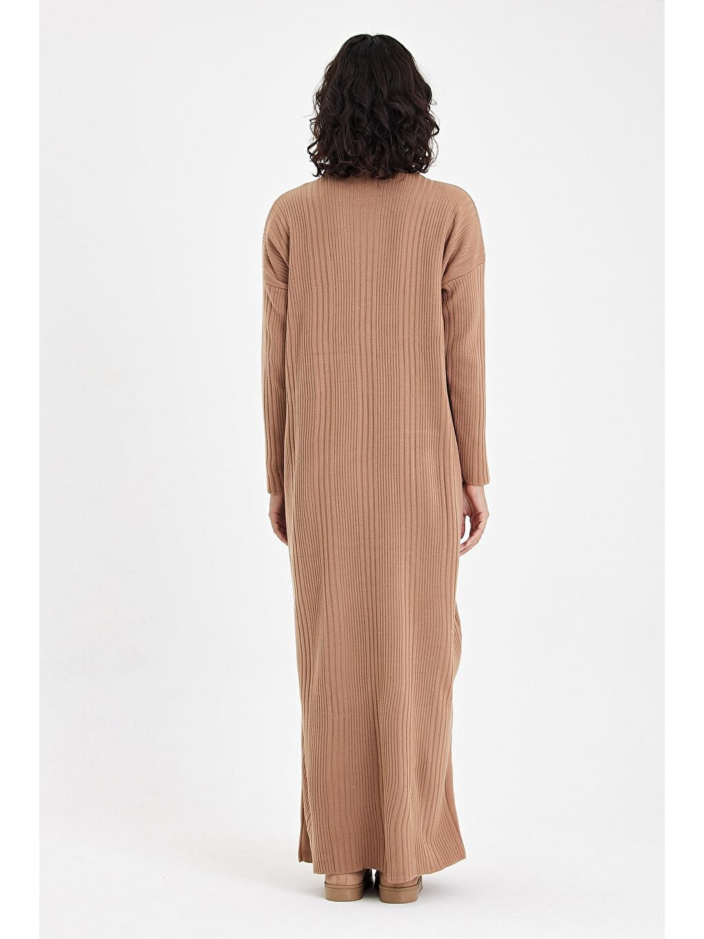 Kahverengi Camel Hakim Yaka Uzun Kol Casual Uzun Oversize Triko Elbise 145 70-7