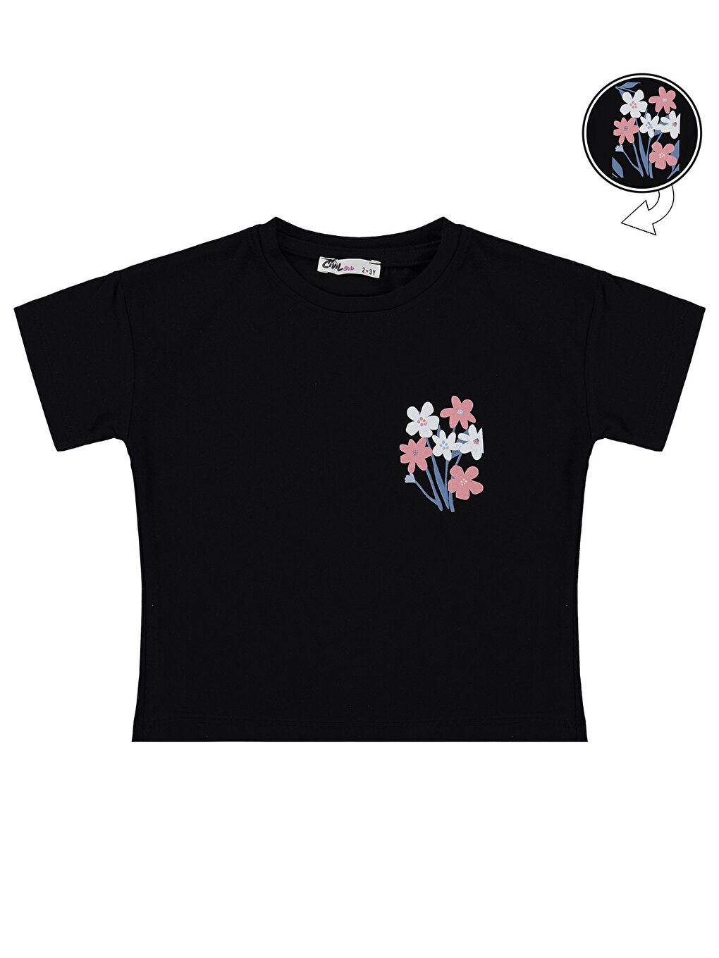 Girls Renkli Çiçek Baskılı 2-5 Yaş Tişört - Siyah