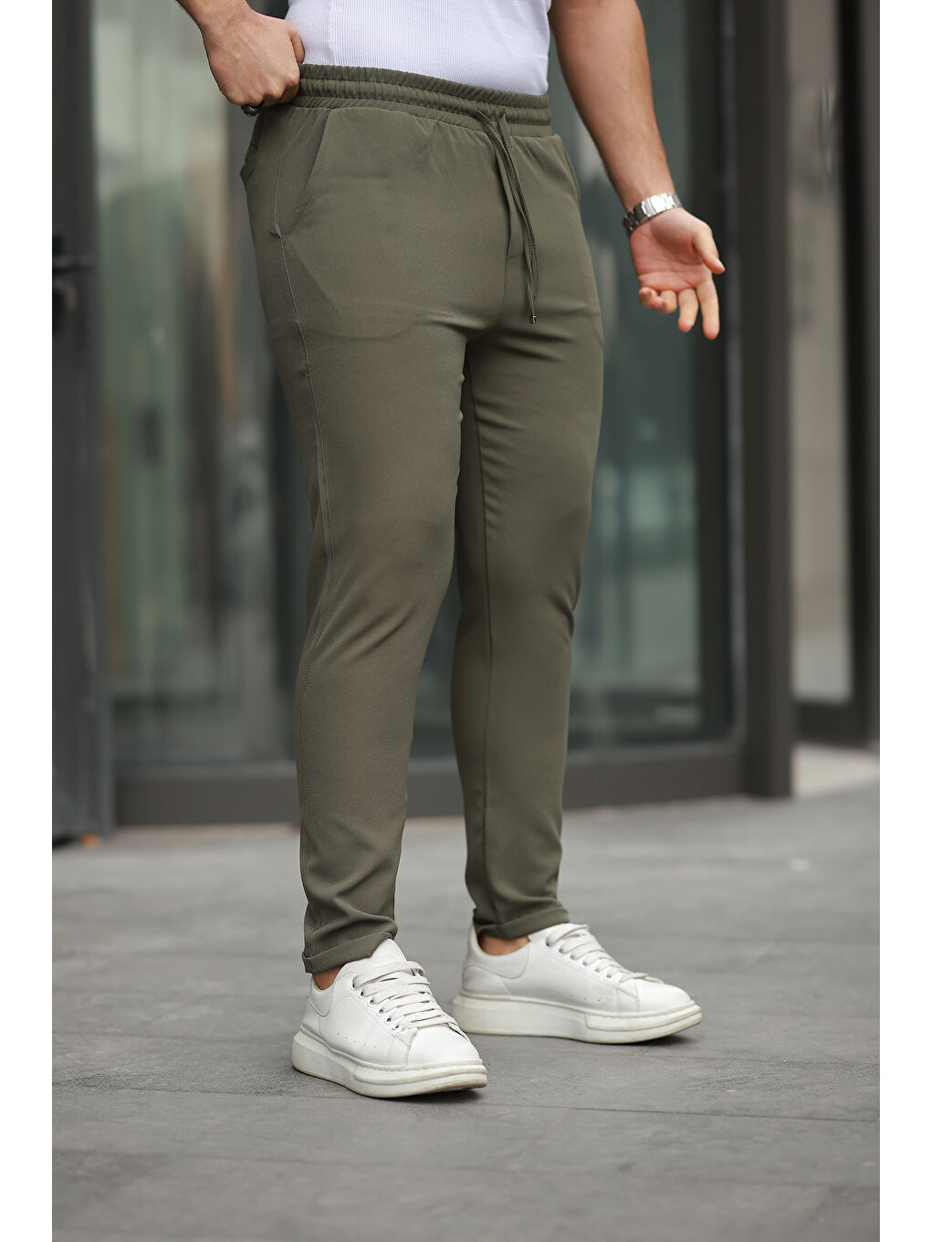 Haki Trend Beli Lastikli Duble Paça Erkek Pantolon