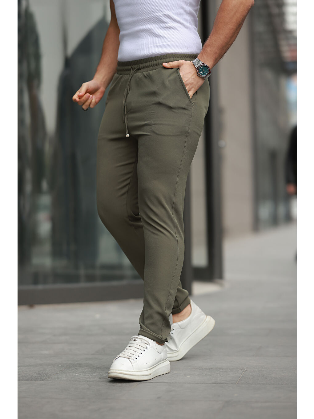 Haki Trend Beli Lastikli Duble Paça Erkek Pantolon-1