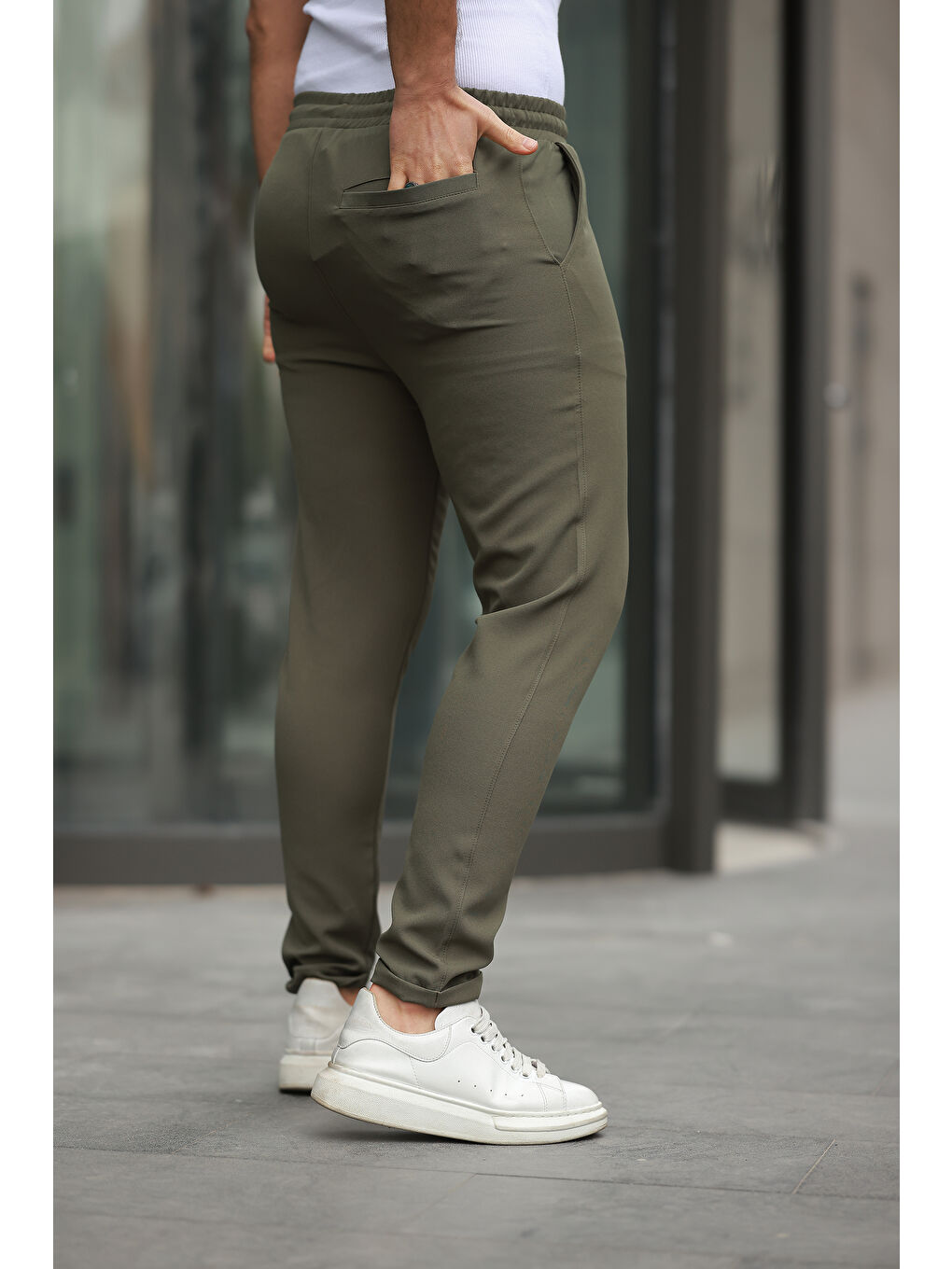 Haki Trend Beli Lastikli Duble Paça Erkek Pantolon-2