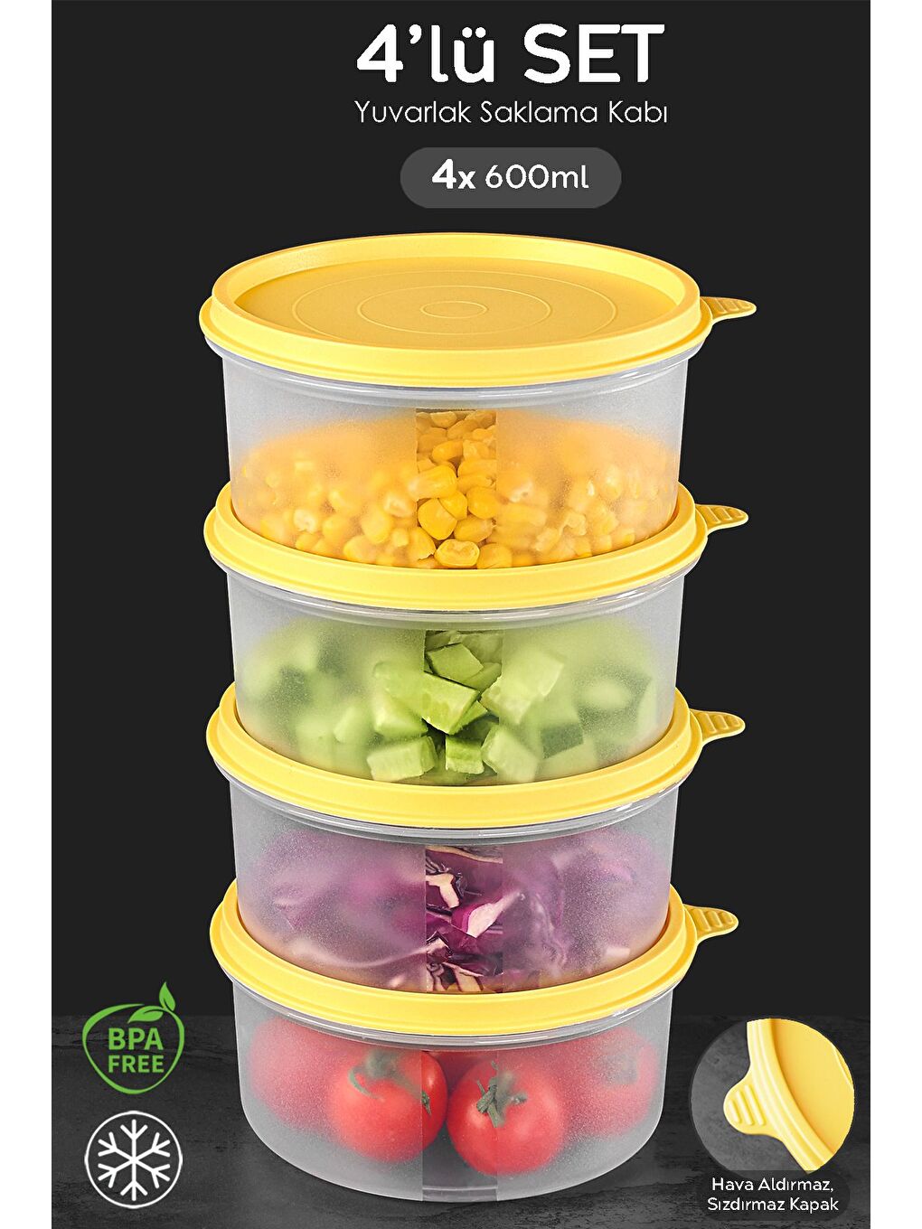 4'lü Yuvarlak Gıda Saklama Kabı Seti 4x600 ml Sarı