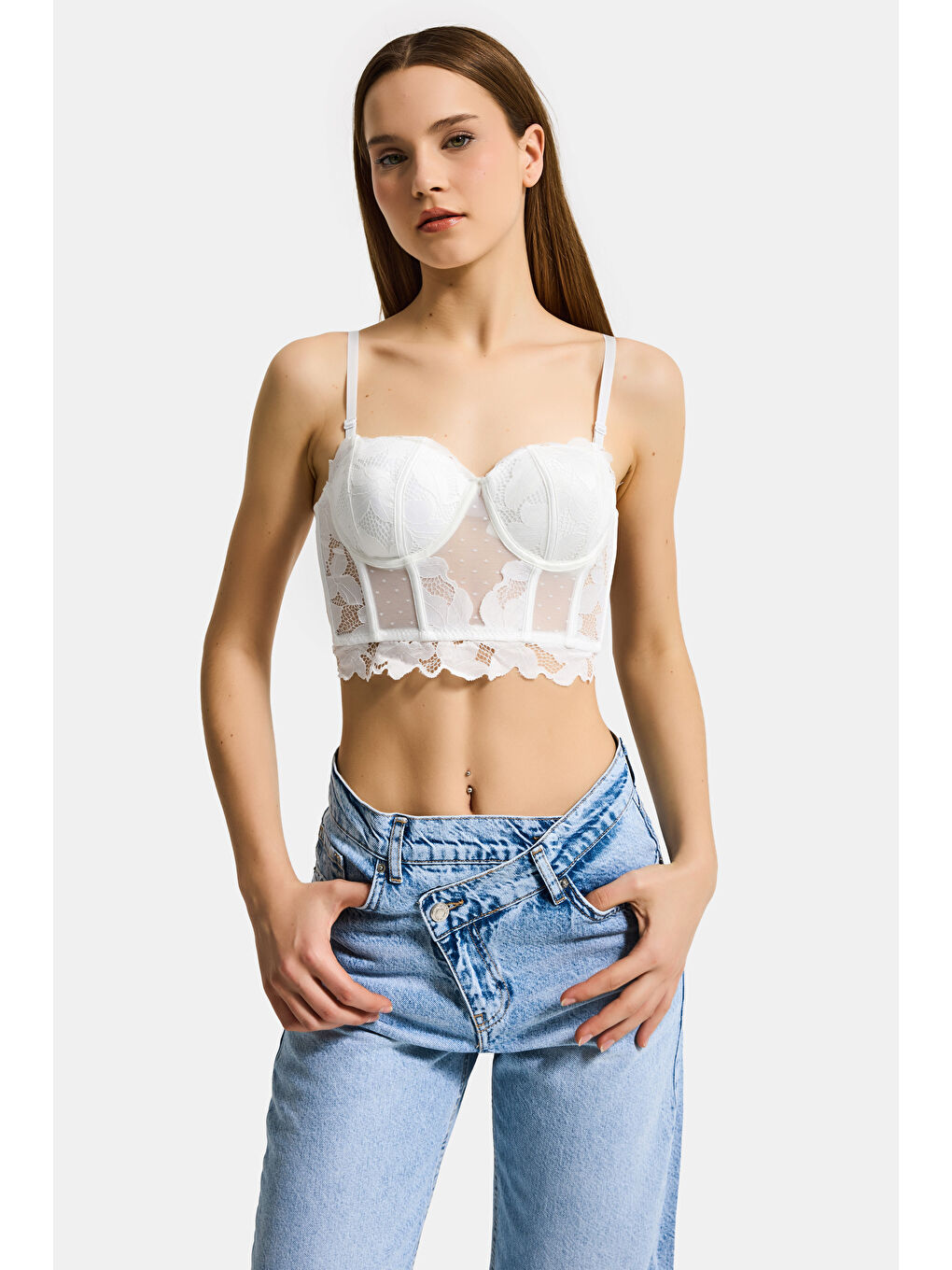 Kadın Beyaz w5 Balenli Güpür Dantel Detaylı Askılı Özel Tasarım Büstiyer-5