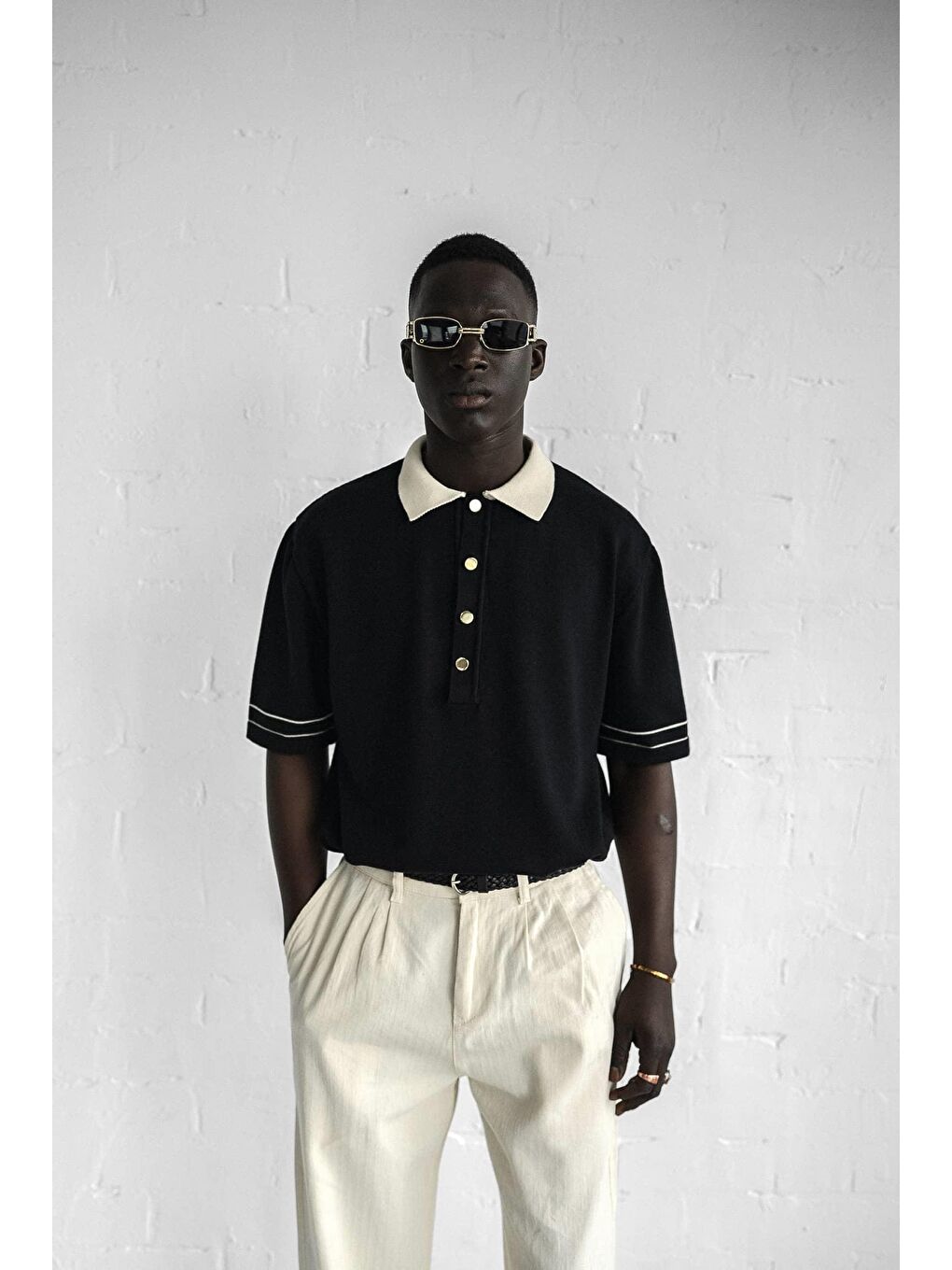 Erkek Kontrast Polo Yaka Premium Regular Fit Tişört Siyah