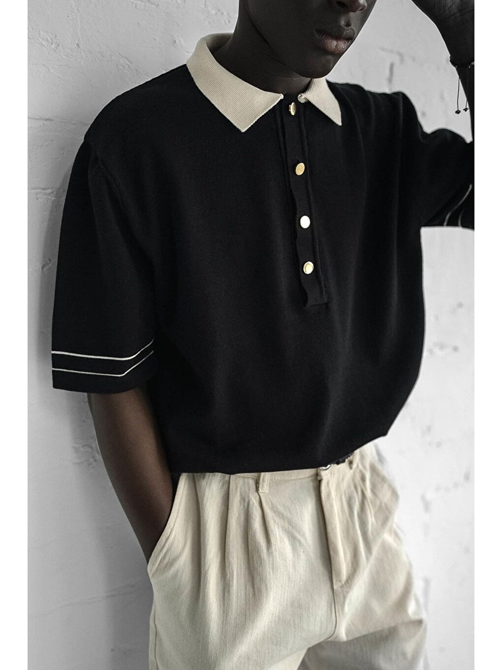 Erkek Kontrast Polo Yaka Premium Regular Fit Tişört Siyah-1