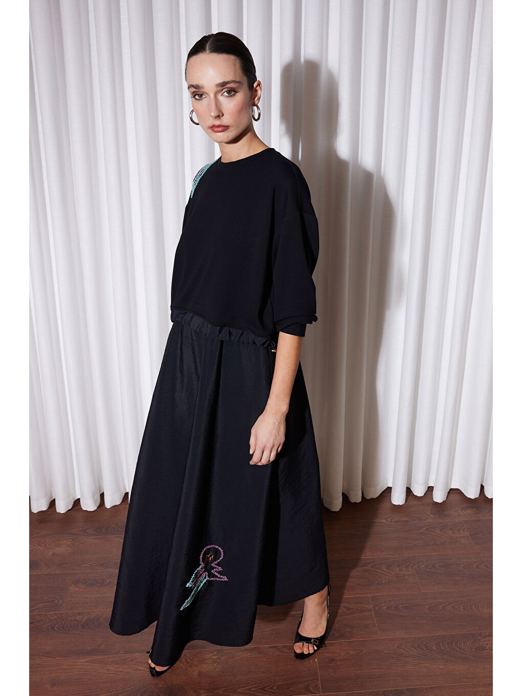 Missemramiss Nakış Detay Duo Elbise 5189 Siyah-4