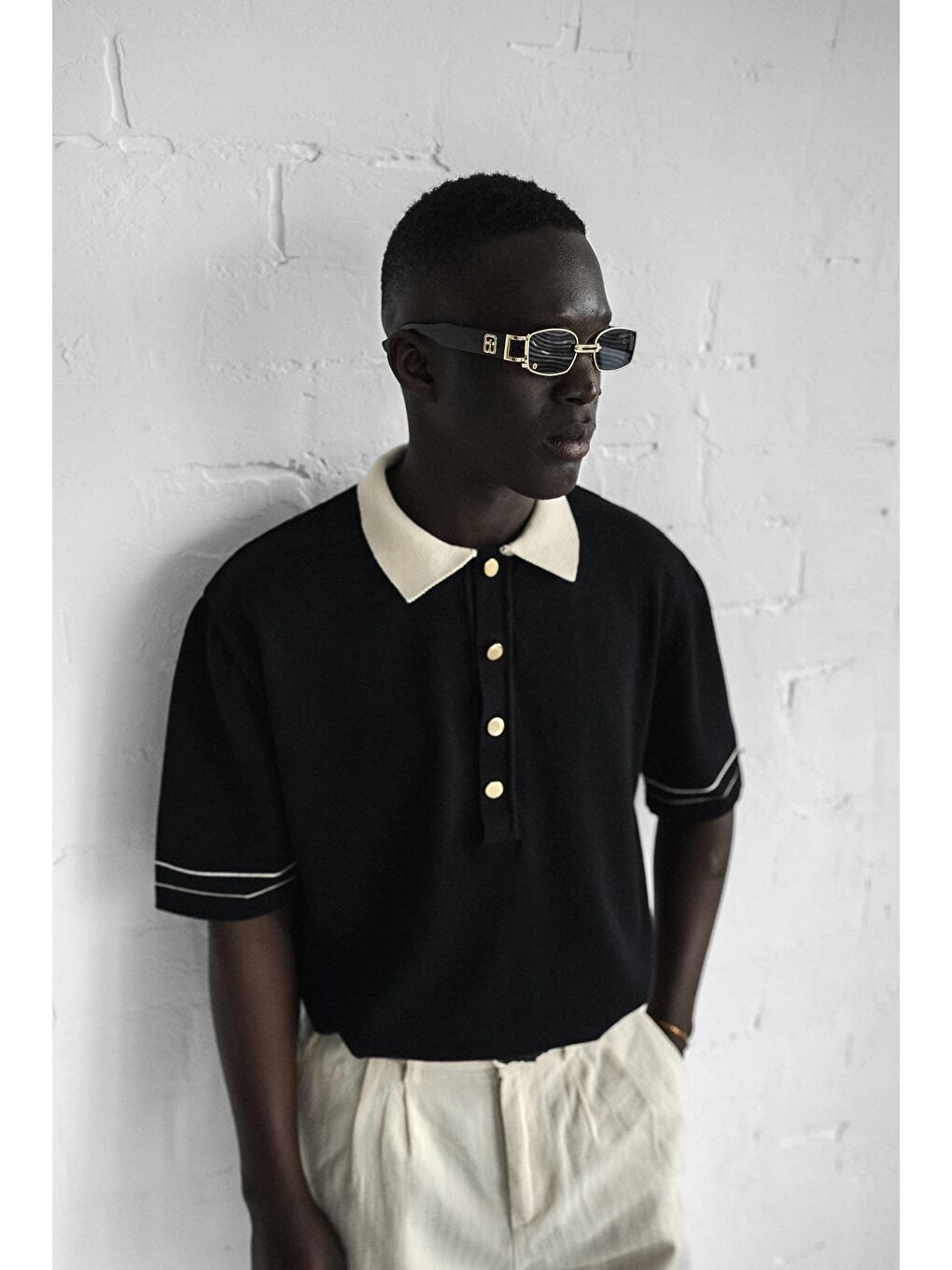 Erkek Kontrast Polo Yaka Premium Regular Fit Tişört Siyah-2