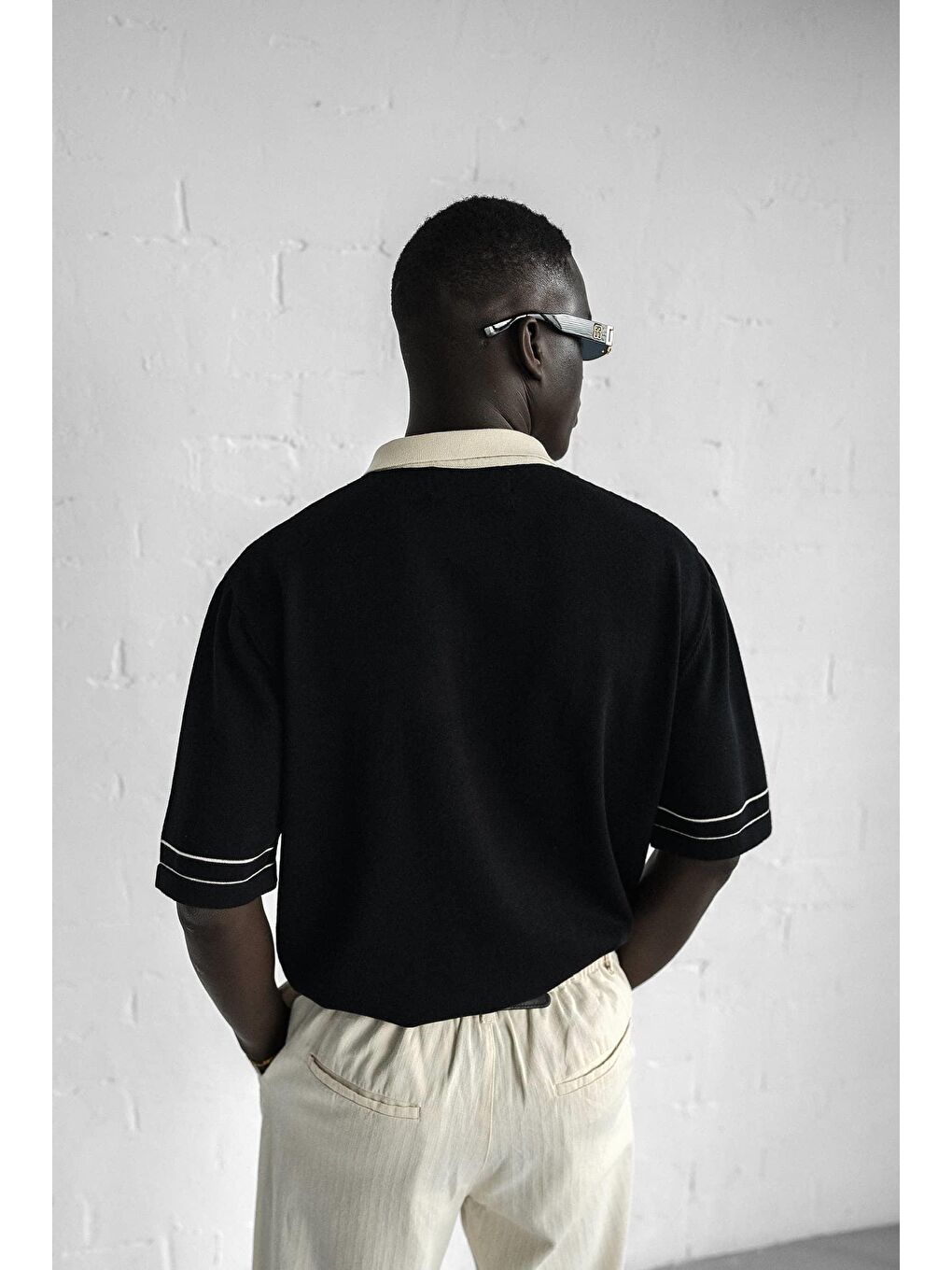 Erkek Kontrast Polo Yaka Premium Regular Fit Tişört Siyah-3