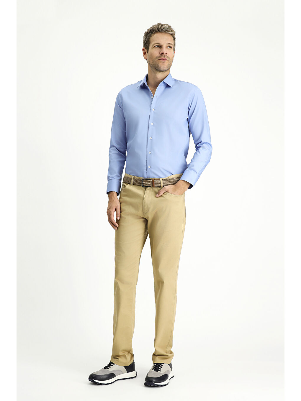 Mavi Uzun Kol Slim Fit Dar Kesim Pamuklu Non Iron Saten Klasik Gömlek-1