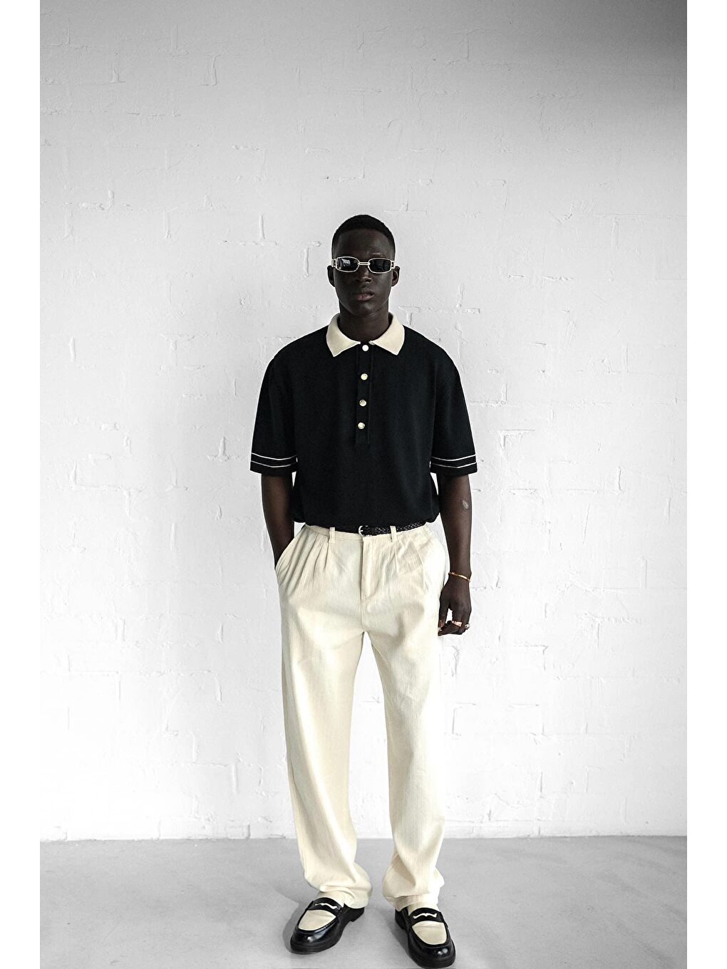 Erkek Kontrast Polo Yaka Premium Regular Fit Tişört Siyah-4