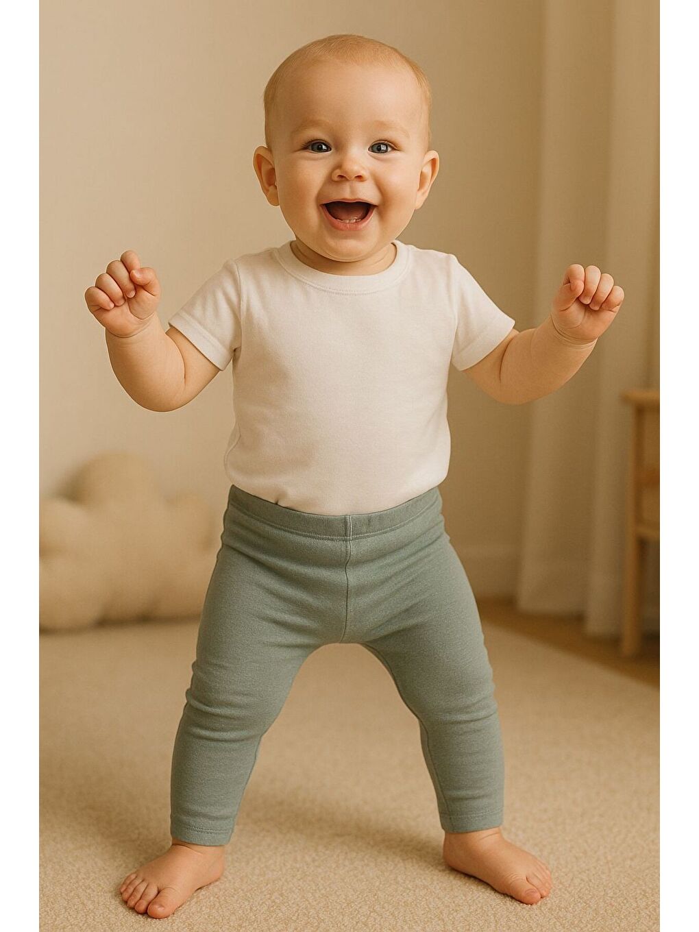 Gri Unisex Bebek Üçlü Düz Renkli Organik Kumaş 3'Lü Tayt Seti İlkbahar Yazlık-3