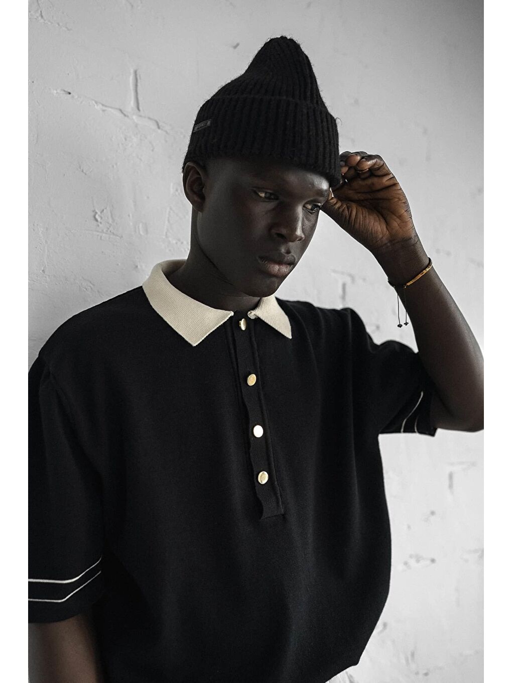 Erkek Kontrast Polo Yaka Premium Regular Fit Tişört Siyah-5