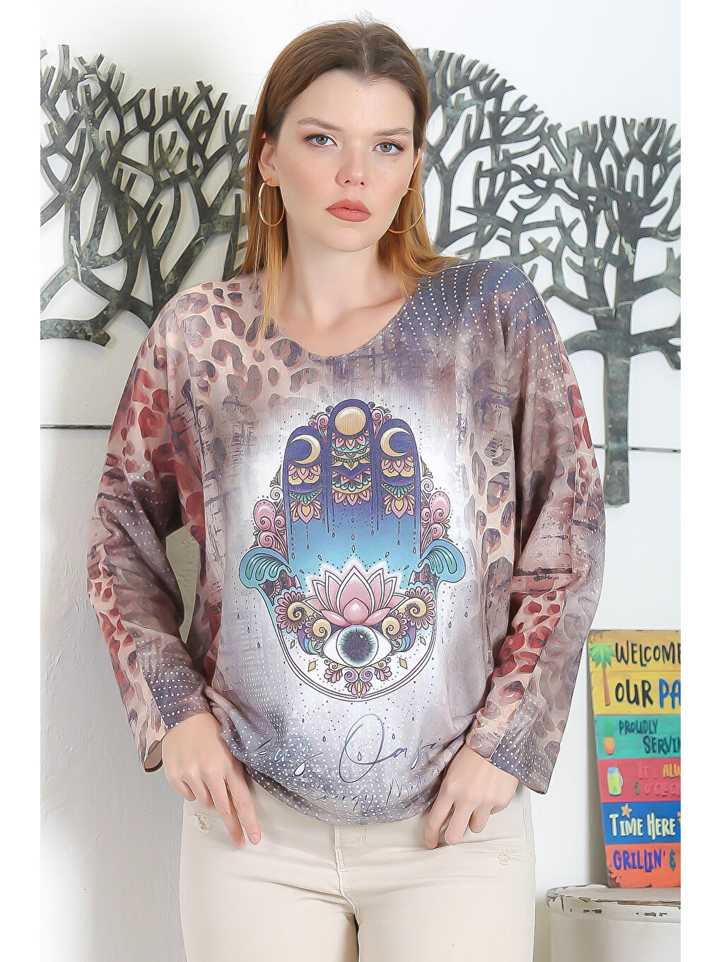 Karışık İtalyan Çok Renkli Havuz Yaka Uzun Kol Dijital Baskılı Casual Triko Bluz-1