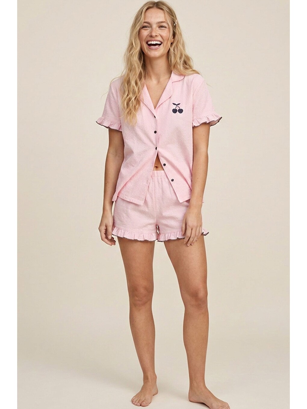 Pembe Nakışlı Bürümcük-krınkıl Kısa Kollu Düğmeli Şortlu Pijama Takım 8058-1