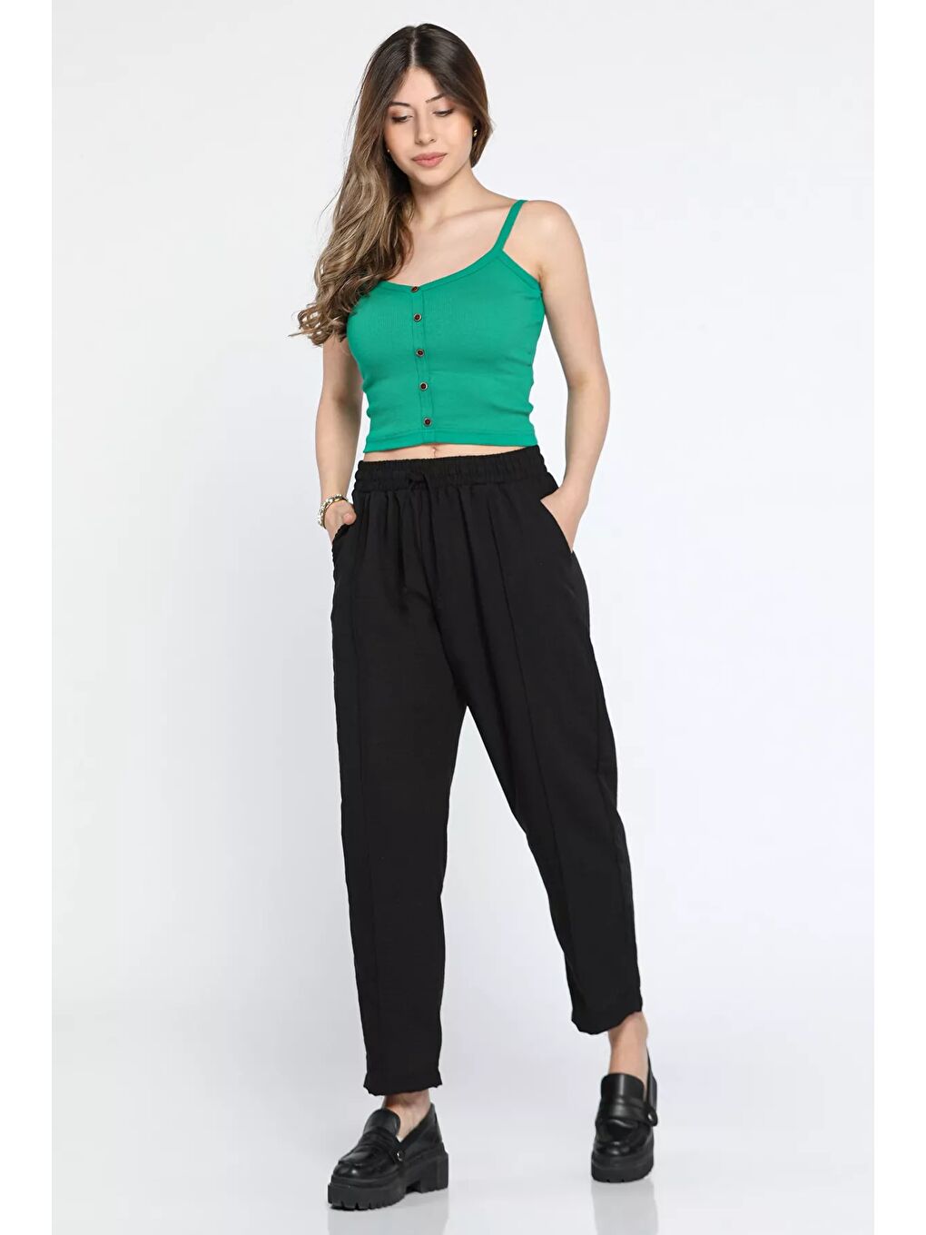 Siyah Yüksek Bel Çimalı Bel Lastikli Kadın Bol Kesim Keten Pantolon