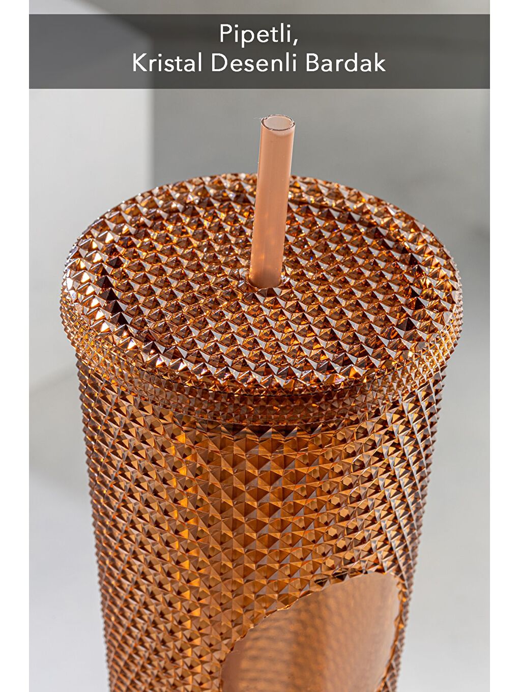 Kristal Görünümlü Kahve Bardağı Pipetli Soğuk Sıcak İçecek Seyahat Bardağı 750 Ml Kahverengi-1