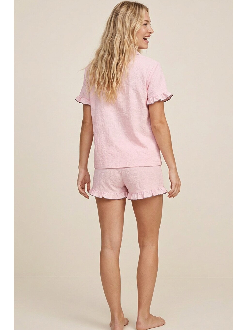 Pembe Nakışlı Bürümcük-krınkıl Kısa Kollu Düğmeli Şortlu Pijama Takım 8058-2
