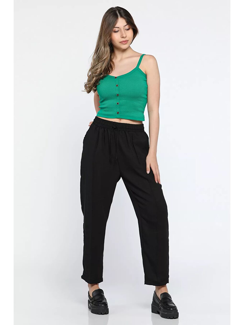Siyah Yüksek Bel Çimalı Bel Lastikli Kadın Bol Kesim Keten Pantolon-1