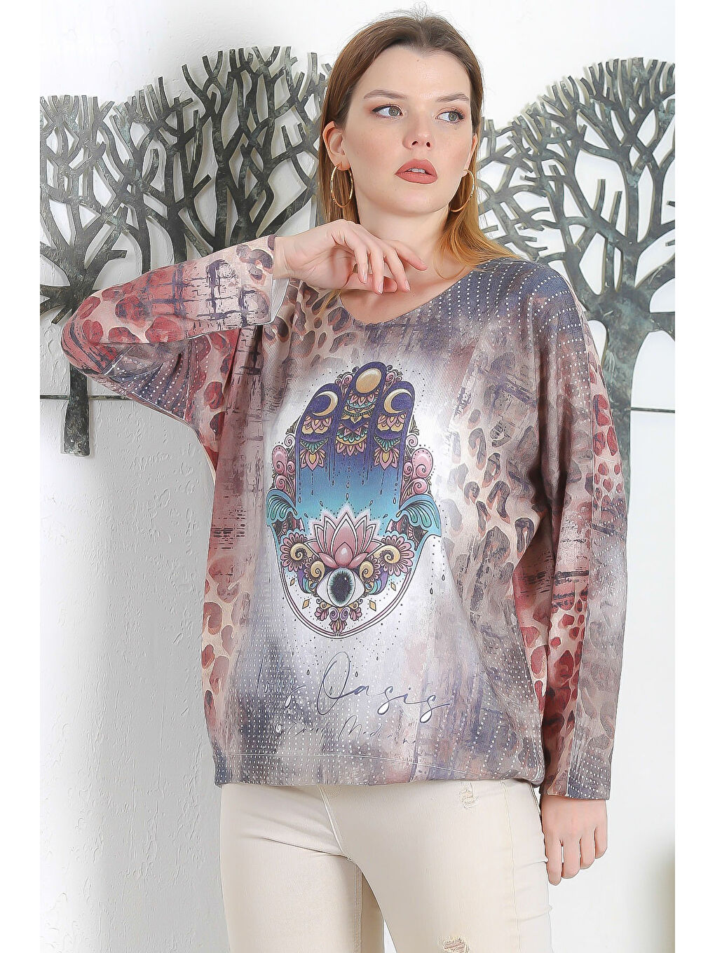 Karışık İtalyan Çok Renkli Havuz Yaka Uzun Kol Dijital Baskılı Casual Triko Bluz-3