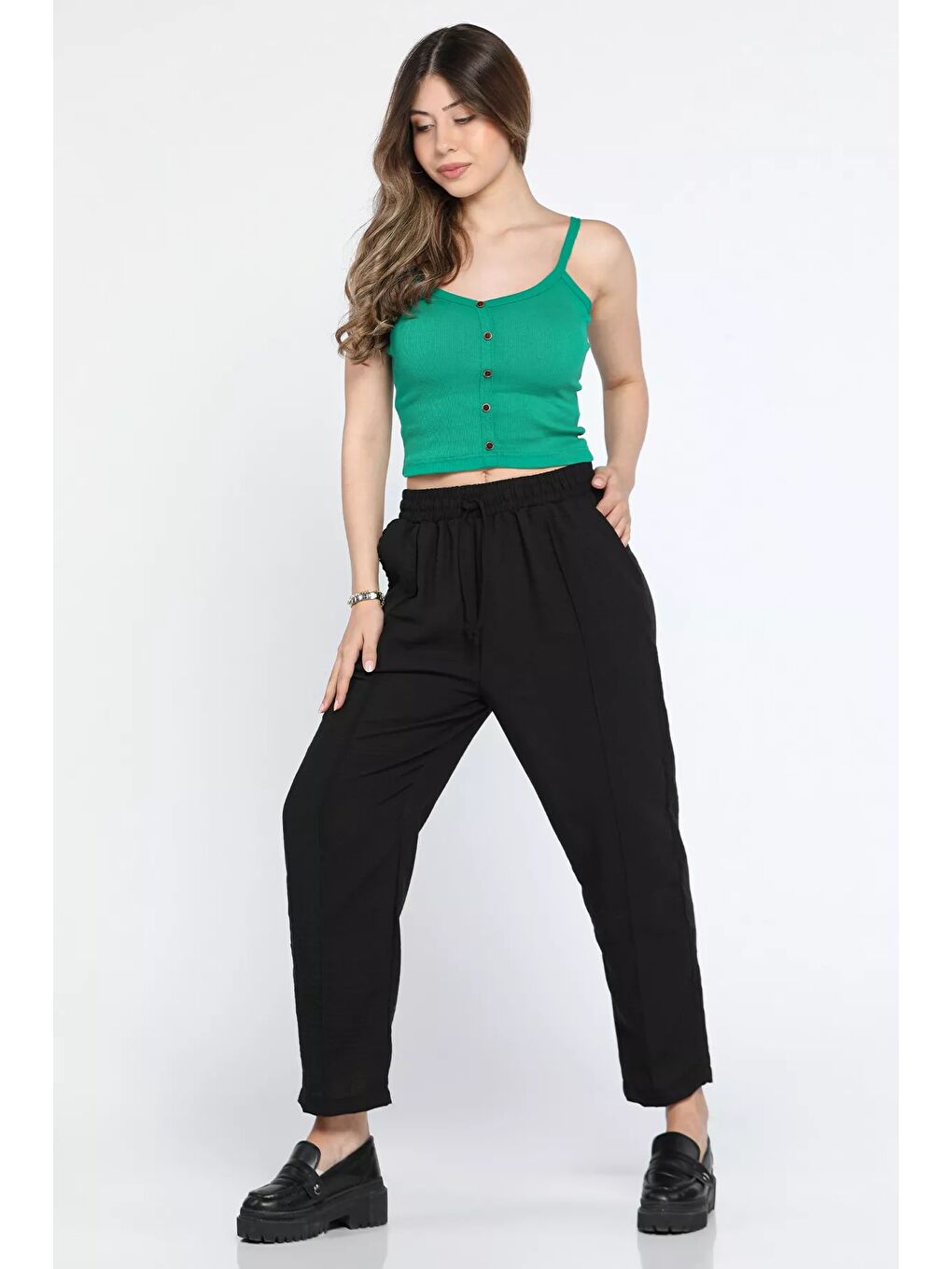 Siyah Yüksek Bel Çimalı Bel Lastikli Kadın Bol Kesim Keten Pantolon-2