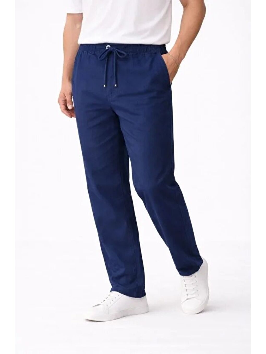 İndigo Erkek Keten Cepli Pantolon Lastikli Bel Bağcıklı Önden Fermuarlı