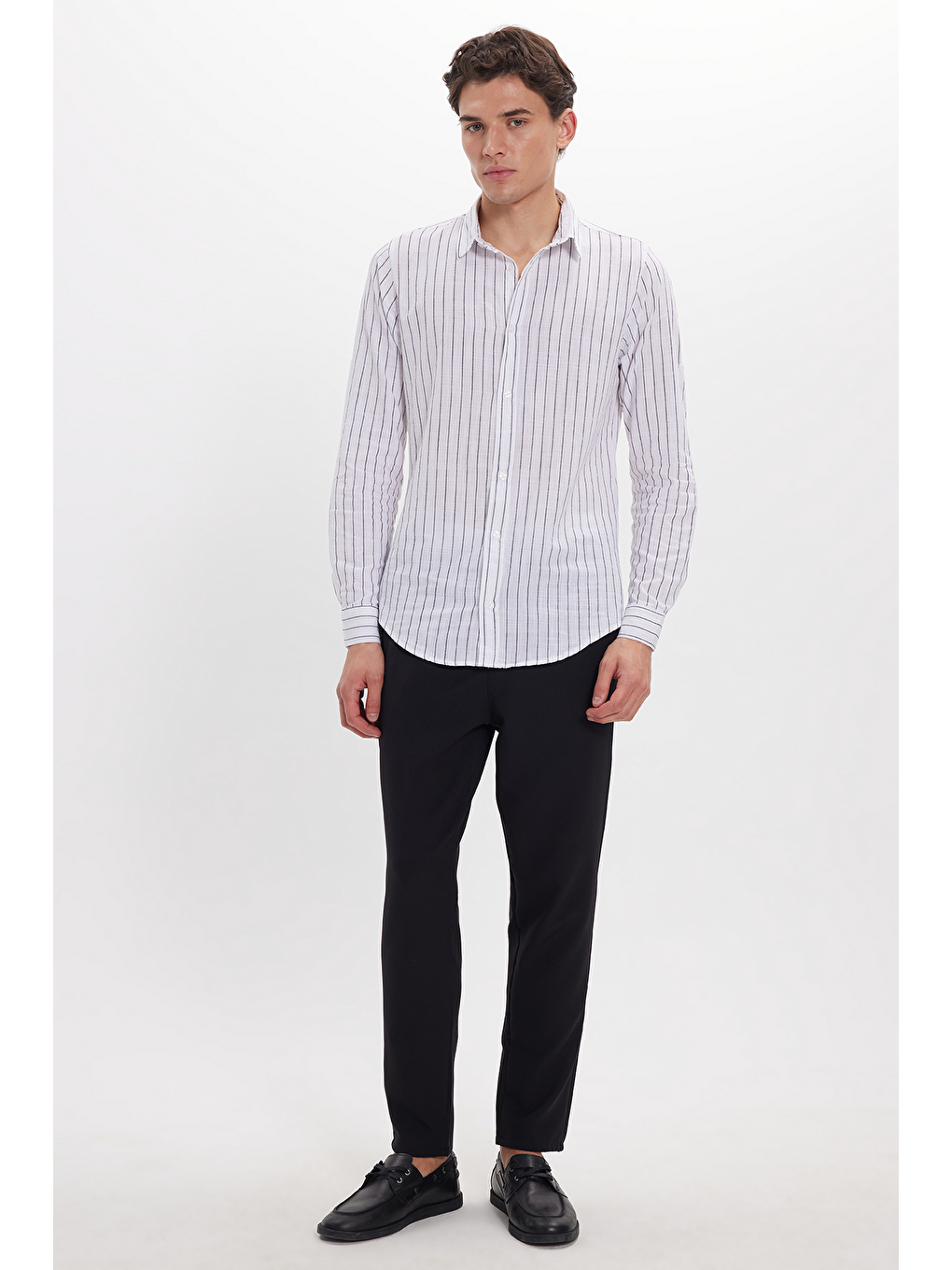 Beyaz Erkek Slim Fit Dar Kesim Uzun Kollu %100 Pamuk Keten Doku Çizgili Gömlek-1