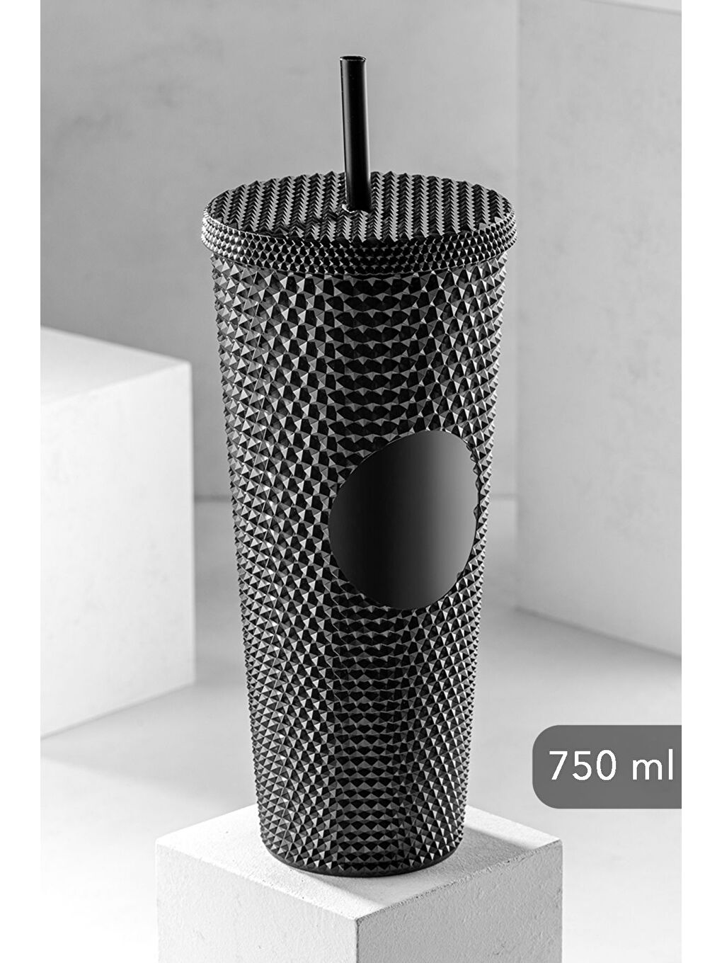 Kristal Desen Pipetli Soğuk Içecek Bardağı Seyahat Kupası Kahve Bardağı 750 ml Siyah